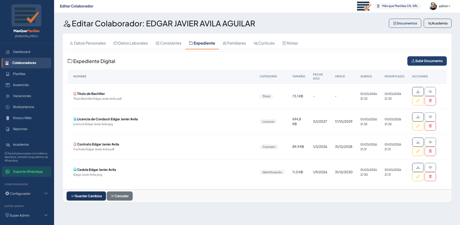 Interfaz de expediente digital de empleados MasQuePlanillas Costa Rica