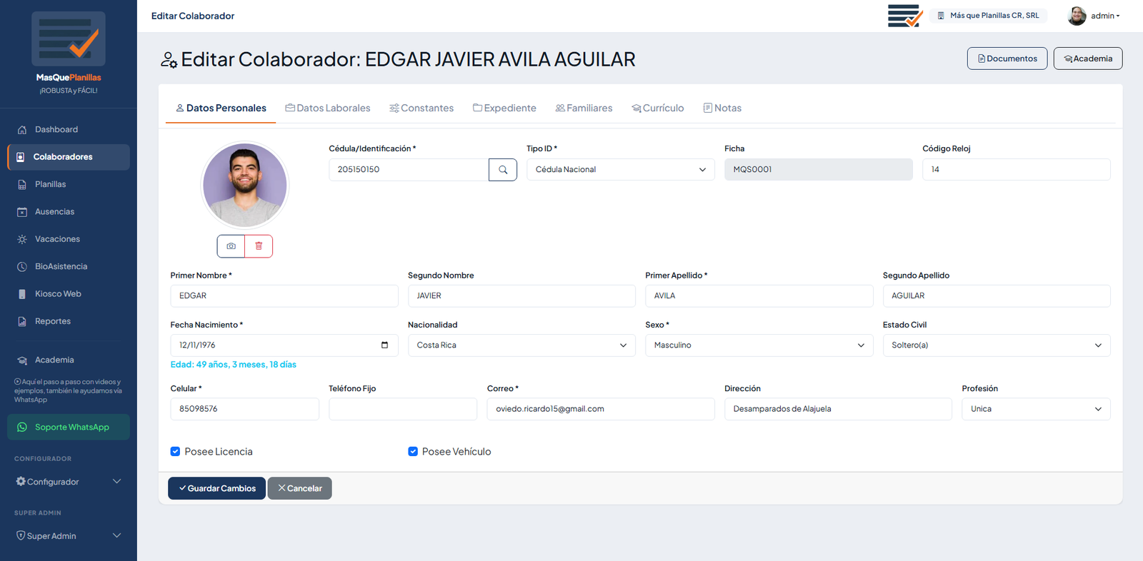 Interfaz de documentos del expediente digital de empleados MasQuePlanillas Costa Rica